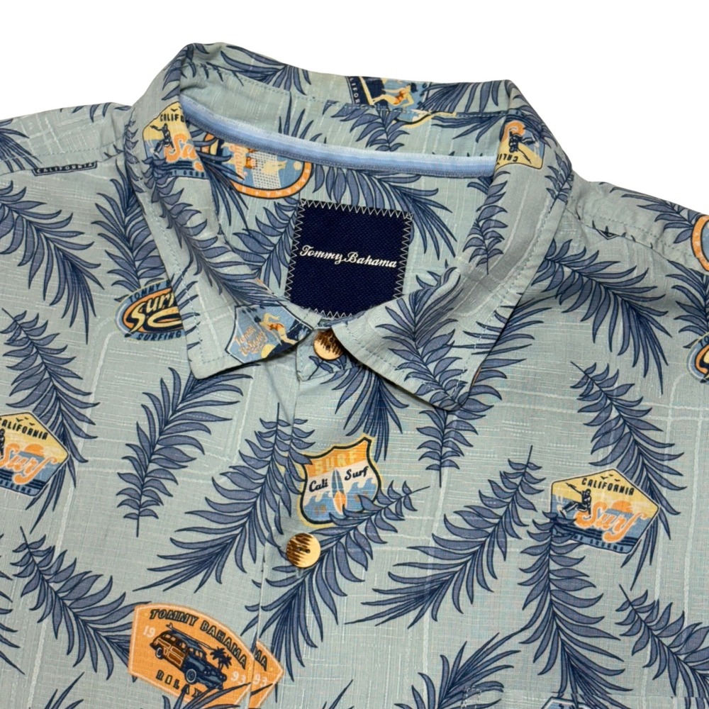 Tommy Bahama Shirt Mens XL Blue Silk Cali Surf Palm Leaf Camp T317748 Hawaiian
